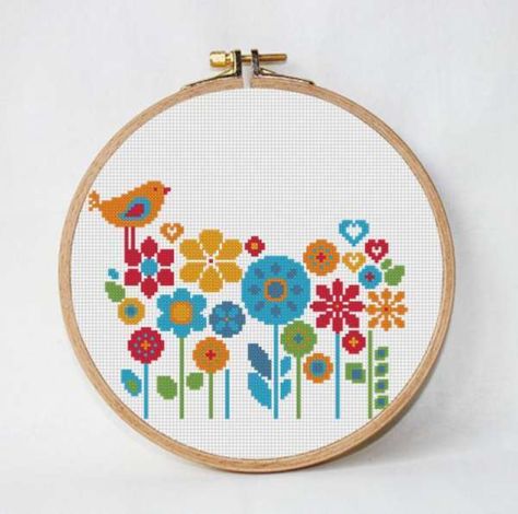 Colorful Flowers and a Cross Stitched Bird – Cross-Stitch Bird Cross Stitch Pattern, Cross Stitch Easy, Stitch Summer, Bird Cross Stitch, Floral Cross Stitch Pattern, Cute Cross, Nature Cross Stitch, Easy Cross, Pola Kristik