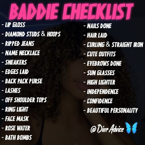 How To Be A Baddie Checklist, Baddie Shopping List, Astrosdaughter Tips, Baddie Maintenance, Baddie Essentials List, Baddie Necessities, Glow Up Shopping List, Baddie Checklist, Baddie List