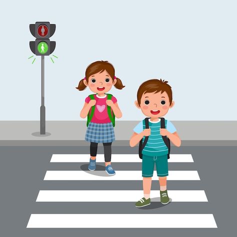 School kids with backpack walking crossi... | Premium Vector #Freepik #vector #kids-cartoon #boy-girl #student-cartoon #preschool-kids Walk Pictures, Walking Drawing, Child Care Logo, Walking Pictures, Walking Cartoon, Zebra Cross, Road Traffic Safety, Walking To School, Cross Drawing