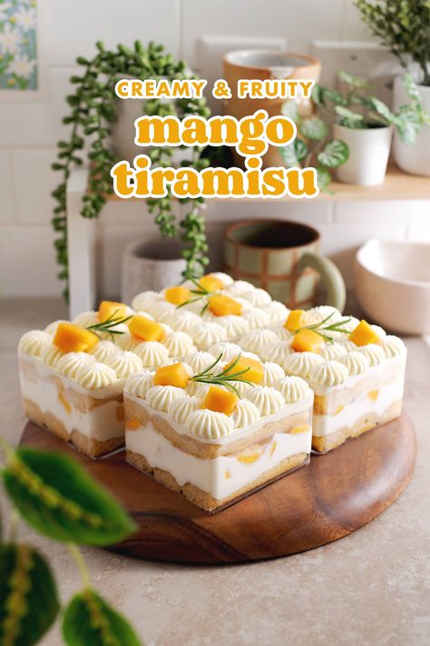 This mango tiramisu is made with mango juice and rum-soaked ladyfingers, mascarpone cream, and fresh mangoes. It's a fruity twist on classic tiramisu! #tiramisu #mango #nobakedessert | teakandthyme.com Mango Tiramisu Recipe, Fruit Tiramisu, Mango Trifle, Mango Tiramisu, Tiramisu Recipes, Mango Desserts, Mango Recipe, Classic Tiramisu, Mango Dessert