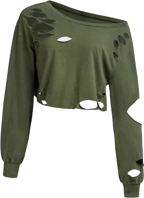 Floerns Women's Casual Long Sleeve Cut out Ripped Distressed Crop Top Sweatshirt T-Shirts Army Green L at Amazon Women’s Clothing store Distressed Crop Top, Distressed Sweatshirt, Crop Top Sweatshirt, Fashion Hoodies, Amazon Women, Women's Casual, Army Green, Hoodie Fashion, Clothing Store