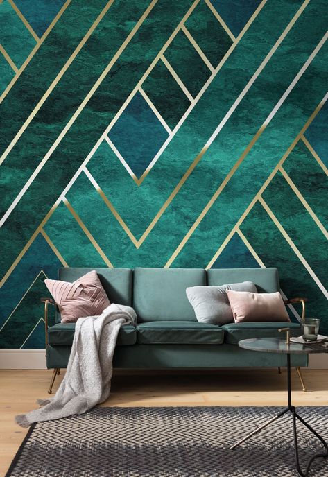 As we know, opposites attract. Clear gold lines add structure and stability to the free-floating background. A harmonious composition for contemporary homes. Photomural, Decoration, Walldeco, Interieur, Interieurfashion, Wall, nonwoven, non-woven, wallpaper, mural, photo, colorful, beautiful, papermural, decomural, paper, patterns Interior Art Deco, Art Deco Living, Art Deco Living Room, Green Couch, Art Deco Interior Design, Interior Design Per La Casa, Wall Paint Designs, Art Deco Wallpaper, Design Del Prodotto