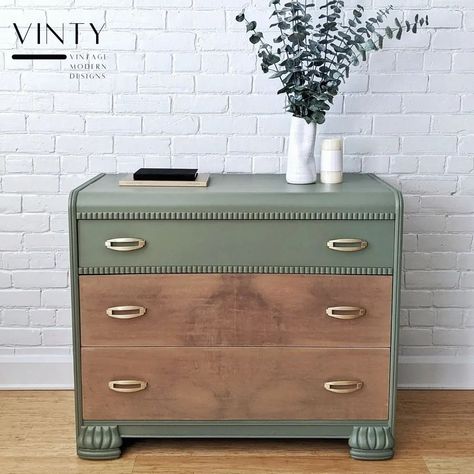 Drawer Refurbished Ideas, Green Repurposed Furniture, Refurbished Vintage Dresser, Waterfall Chest Makeover, Green Furniture Flip, Art Deco Dresser Makeover, Dresser Makeover Green, Waterfall Dresser Makeover Before After, Waterfall Chest Of Drawers Makeover