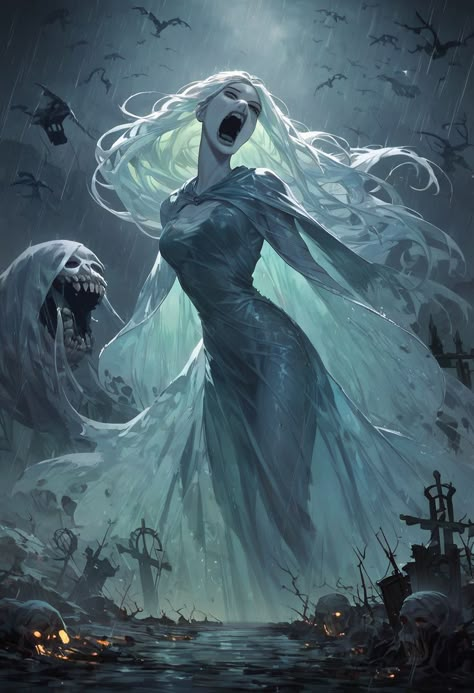 Leanan Sidhe Fantasy Art, Banshee Concept Art, Banshee Art Mythology, Ghost Warrior Fantasy Art, Banshee Character Design, Dnd Ghost Art, Goddess Poses Drawing, Shadow Creature Concept Art, Ghost Woman Art