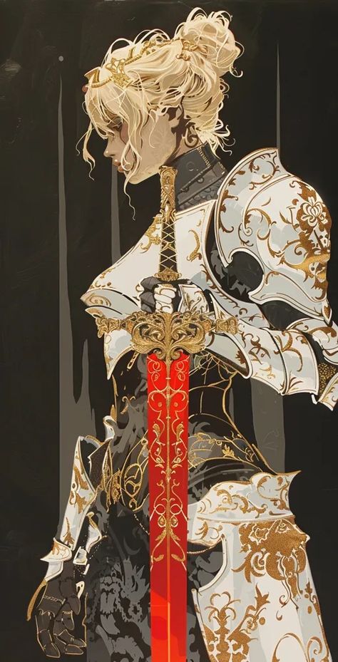 The painting depicts a woman in medieval armor. She is wearing a white and gold breastplate with intricate designs and a red skirt ->> more details in ai-img-gen.com White Armor Fantasy, Medieval Woman Armor, Medieval Helmets Design, Rose Knight Armor, White And Gold Armor Female, Midevil Armor Drawing, Women In Armor Aesthetic, Woman Armor Drawing, Women Knight Art