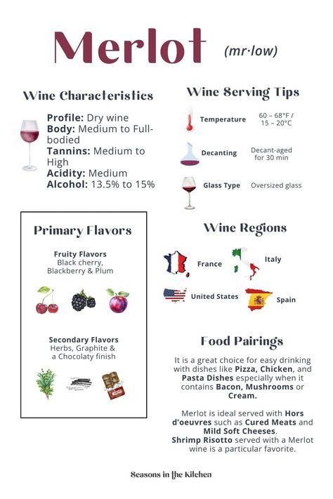 Dive into the smooth and versatile world of Merlot! This infographic breaks down wine characteristics, flavors, serving tips, food pairings, and the regions that make this wine so popular. A must-save for wine enthusiasts! Pop over to our site for more info! Shiraz Wine Pairing Food, Merlot Pairing, Wine Reference, Wine For Beginners, Happy 2025, Wine Infographic, Syrah Wine, Wine Paring, Shiraz Wine