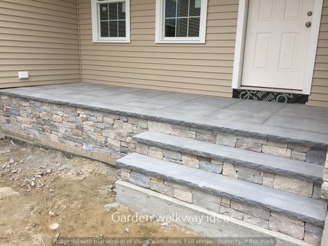 DIY Garden Walkway Ideas to Enhance Your Garden Decor Masonry Front Steps, Concrete Front Porch Ideas Entrance Stone Steps, Wide Front Steps Entrance, Brick And Stone Front Porch, Front Entry Stairs Exterior, Stone Porch Ideas, Front Steps Ideas Concrete, Diy Concrete Steps, Diy Garden Walkway