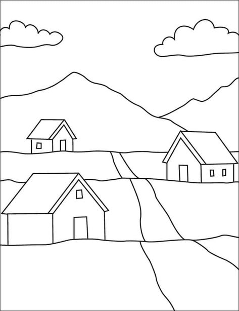 Easy How to Draw Scenery Tutorial and Scenery Coloring Page Drawings Landscaping Easy, Scenery Outline Drawing, Simple Landscapes To Draw, Landscape Outline Drawing, Simple Landscape Coloring Pages, Easy Village Drawing, Houses Drawing Easy, Easy Drawings Landscape, Scenery Easy Drawing