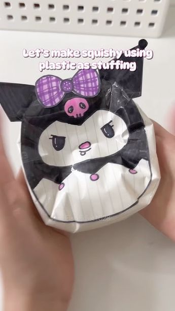 Kuromi squishmallow using plastic bags as stuffing💜 #squishy #squishmallow #kuromi #howto #tutorial Blind Bags Kuromi, Diy Kuromi Crafts, Kuromi Blind Bag, How To Make Paper Squishies, Squishy Paper Ideas, Kuromi Crafts, Kuromi Squishy, Paper Squishy Tutorial, Handmade Squishy