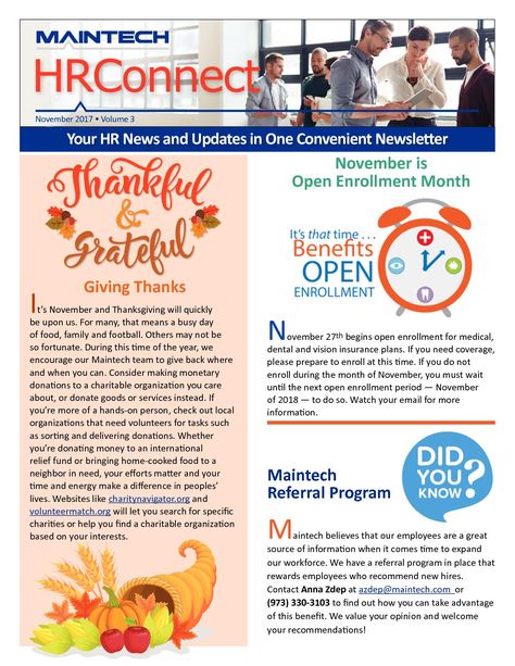 Maintech Hr Newsletter 112017 V3 0 now on Monthly Newsletter Ideas, Hr Newsletter Ideas, Team Newsletter Ideas, Employee Newsletter Ideas, Work Newsletter Ideas, Hr Newsletter, Hr Day, Newsletter Templates Word, Employee Engagement Ideas