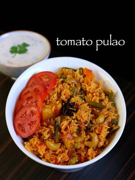 tomato pulao recipe, tomato bath, south indian tomato rice with step by step photo/video. simple & flavoured rice, pulao cooked with tomatoes & vegetables. Tomato Pulao, Tomato Bath Recipe, Veg Pulav Recipe, Tomato Rice Recipe, Pulao Rice, Quiche Vegan, Hebbars Kitchen, Rice Pulao, Vegetable Biryani