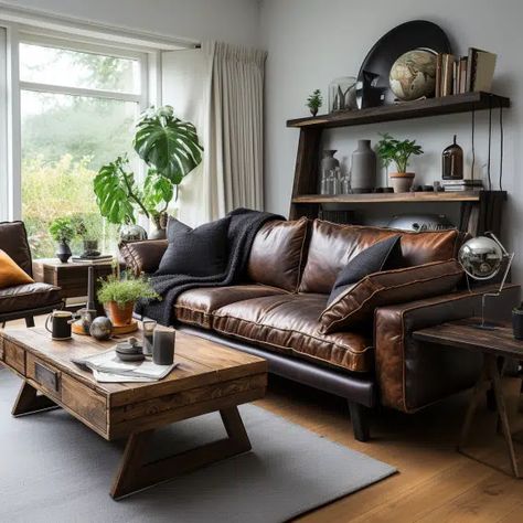 20 Dark Brown Couch Living Room Ideas With Leather & More Examples - HearthandPetals Dark Brown Sofa Living Room, Brown Couch Living Room Ideas, Brown Couch Decor, Brown Leather Sofa Living Room, Dark Brown Couch Living Room, Dark Brown Couch, Leather Couch Living Room Decor, Brown Leather Couch Living Room, Brown Leather Furniture