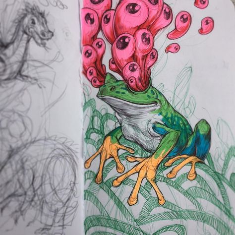 Black Ink on Instagram: “He can see for miles and miles and miiiles... probably #art #sketch #ballpointpen #frog #toad #trippy #psychedelic #nofilter #instaart…” Mushroom Graffiti Art, Trippy Sketches, Frog Draw, Paint Line Art, Toad Drawing, Can Sketch, Metamorphosis Art, Art Sketchbook Ideas, Trippy Designs