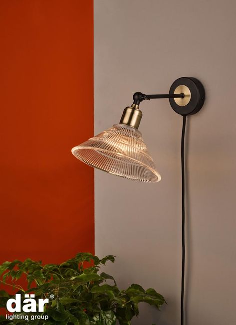 Dar Lighting BOY0775 Boyd Single Wall Light Antique Brass & Matt Black With Ribbed Glass Shade - Plug In Chandelier Low Ceiling, Low Ceiling Lights, In Wall Lights, Plug In Wall Light, Ceiling Lights Flush, Soft Industrial, Plug In Wall Lamp, Wall Light With Switch, Black Wall Lights