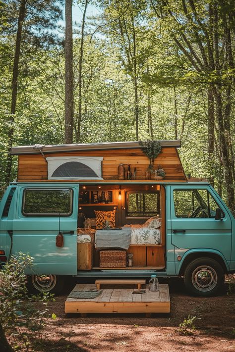 15+ Boho-Luxe Camper Van Interiors: Gypsy Living with a Touch of Glamour Vw Westfalia Interior Ideas, Vw Van Conversion, Camper Van Travel, Camper Van Family Of 4, Volkswagen Transporter Camper, Camper Life Rv Living, Travel Van Interior, Camper Van Exterior, Camper Van Outside