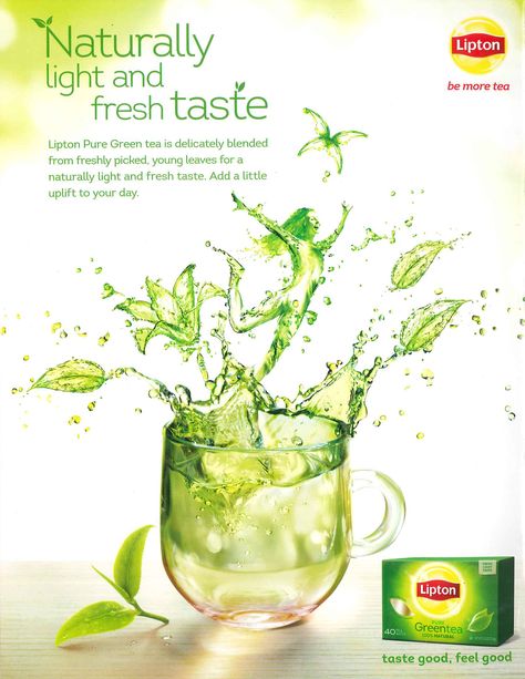 Lipton Green Tea ad circa 2015. Tea Poster Design Ideas, Tea Advertising Design, Tea Poster Design, Poster Design Ideas Creative, Advertising Design Poster, Products Illustration, Tea Advertising, Drink Image, Lipton Green Tea