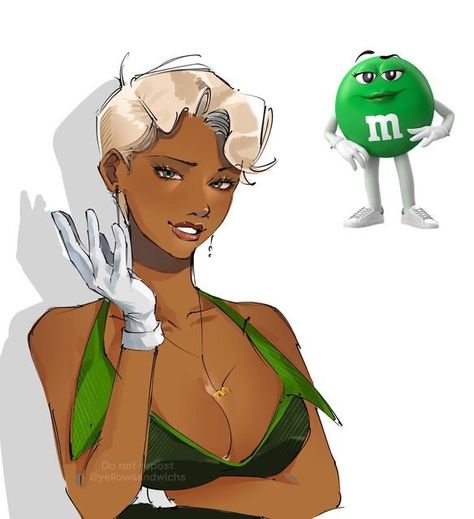 Green M&m Fanart, Poc Cartoon Characters, M&m Fanart, M&m As Humans, Black Women Art Drawings, M&m Drawing, Black People Drawings, Green Oc, Poc Drawings