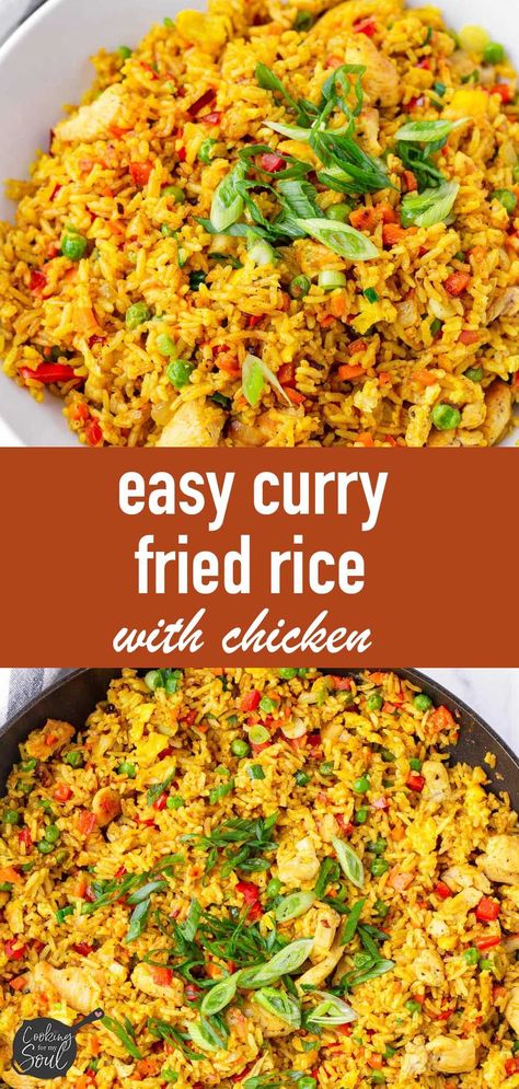 Easy Curry Rice Recipes, Coconut Curry Fried Rice, Fried Rice With Rotisserie Chicken, Curry Chicken Fried Rice, Yellow Curry Rice Recipes, Curry Powder Chicken, Curry Chicken Rice And Peas, Yellow Curry Fried Rice Thai, Chicken Vegetable Curry Recipe