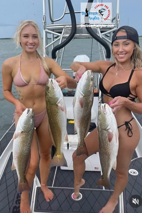 A couple of bikini clad lady fisherman each holding up two upper slot redfish caught using topwater lures. Bass Fishing Pictures, Redfish Fishing, Female Angler, Sport Fishing Boats, Topwater Lures, Fishing Pictures, Fishing Girls, Catching Fish, Curvy Women Jeans