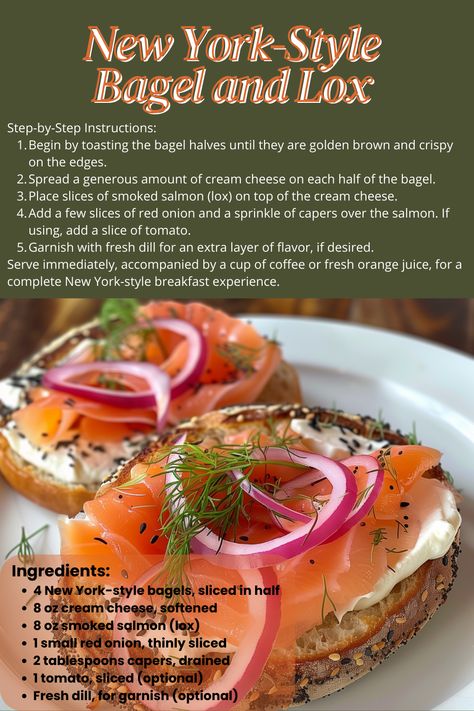 Ingredients: •	4 New York-style bagels, sliced in half •	8 oz cream cheese, softened •	8 oz smoked salmon (lox) •	1 small red onion, thinly sliced •	2 tablespoons capers, drained •	1 tomato, sliced (optional) •	Fresh dill, for garnish (optional) Bagel Lox Board, Smoked Salmon Bagel Sandwiches, Bagels And Lox Recipe, Bagel And Lox Recipe, Lox Recipe, Lox Bagel, Croissant Sandwiches, Salmon Lox, Smoked Salmon Bagel