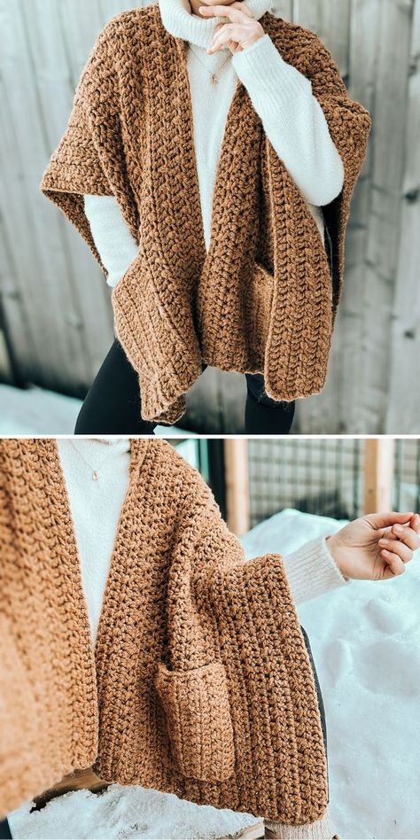 a brown crochet pocket shawl Crochet Shawl Sweater, Pocket Scarf Crochet Pattern Free, Crochet Wrap With Pockets, Crochet Wrap With Pockets Free Pattern, Crochet Wrap Pattern Free, Bulky Yarn Crochet Patterns, Pocket Shawl Crochet Pattern, Crochet Pocket Shawl, Pocket Shawl