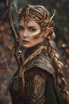 Faerie Queen Fantasy Art, Elven Fantasy Art, Fae Warrior Queen, Fae Species, Elven Artwork, Elf Queen Costume, Lotr Elf Costume, Elven Warrior Female, Fae Knight