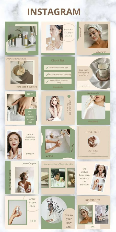 Instagram Post Design Ideas, Skincare Social Media, Spa Instagram, Post Design Ideas, Instagram Grid Design, Canva Template Instagram, Instagram Design Layout, Instagram Skincare, Instagram Feed Planner