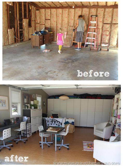 Totally converting my garage the next time we buy a house! Then we don't have to keep looking for a place with room for an office. Garage Playroom, Garage Transformation, Garage To Living Space, Garage Floor Paint, Converted Garage, Garage Renovation, Garage Bedroom, Garage Room, Office Playroom