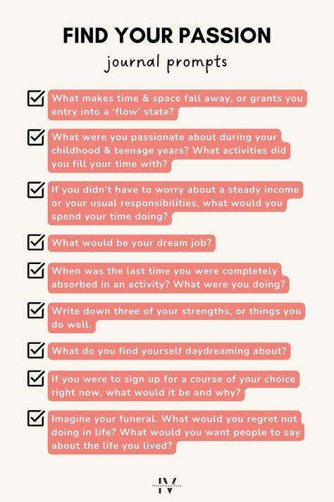 What inspires you and makes you get out of bed in the morning? These 9 journal prompts to find your passion are a great way to get to know yourself at a deep level and work out what makes you tick! Read more on how to embrace creativity on the blog. 🌱 How To Do Journal Writing, Passion Ideas Inspiration, Journal Prompts For Finding Your Passion, Journal To Know Yourself, Journaling To Find Yourself, Journal Prompts To Know Yourself, How To Get Inspired, How To Know Yourself, How To Get To Know Yourself