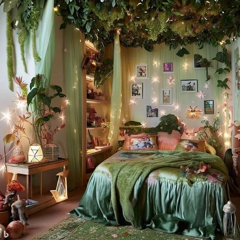 Leafy Room Decor, Moss On Wall Decor, Fairy Like Room Decor, Fairy Bed Canopy, Fairy Ceiling Lights, Room Ideas Whimsical, Moss Ceiling Bedroom, Canopy Bed Forest, Fairy Forest Room Decor