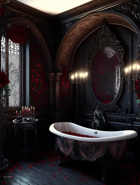 Black & Red Gothic Bathroom by Beep Boop Art Gothic Bathroom Ideas, Gothic Bathroom Decor, Goth Houses, Gothic Bathroom, Goth House, Gothic Interior, Red Gothic, Dark Bathrooms, Vampire Aesthetic