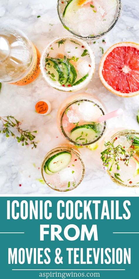 Iconic Cocktails froIconic Cocktails from Movies and television| The Best Cocktails from the Movies| Movie Night Cocktails| Cocktails Found in Movies| Famous Cocktails| Cocktails for a Movie Night| #iconic #cocktails #famouscocktails #party #movienight via @aspiringwinos  m Movies Cream Dinner Recipes, Movie Themed Cocktails, Dole Whip Popsicles, Vermouth Drinks, Iconic Cocktails, Cocktail Movie, White Russian Recipes, Boozy Popsicles, Birthday Candy Bar Wrappers