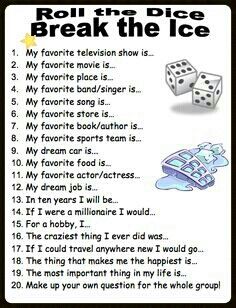 Use up to 3 dice, campers roll, add and answer! For even more get-to-know-you-fun...have them make up their own group list! Senior Activities, Ice Breaker Games, Roll The Dice, Ice Breaker, Games For Teens, E Mc2, Team Building Activities, Group Games, Beginning Of School