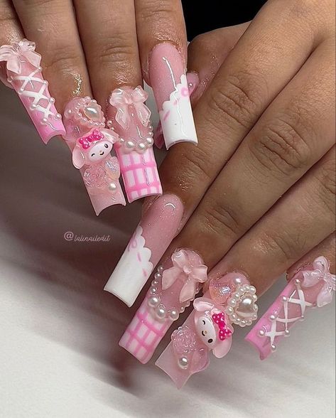 My Melody Nails, Junk Nails, 17 Birthday, Kitty Nails, Cute Acrylic Nail Designs, Hello Kitty Nails, Pretty Gel Nails, Really Cute Nails, Acrylic Nails Coffin Pink