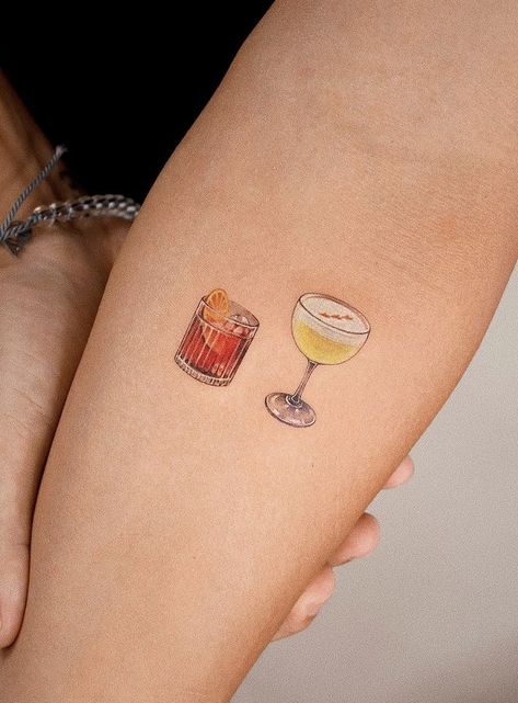 Life Of The Party Tattoo, Old Fashioned Tattoo Drink, Whiskey Sour Tattoo, Gin Tattoo Ideas, Negroni Tattoo Ideas, Gin Glass Tattoo, Manhattan Cocktail Tattoo, Moscow Mule Tattoo, Cocktail Tattoo Ideas