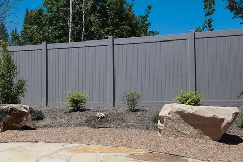 All-Around Fence   $5,017.46 east lot line (1/2 = $2,508.73) $2,630.51 west lot line (1/2 = $1,315.26) Vinyl Fence Landscaping, Gray Fence, Vinyl Patio Covers, Different Types Of Fences, Grey Fences, Vinyl Gates, Fencing Options, Vinyl Fences, Vinyl Fencing