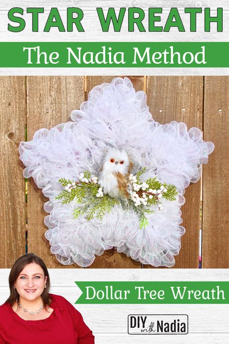 NO-FRAY Deco Mesh Star Christmas Winter Wreath Dollar Tree DIY Tutorial | The Nadia Method Star Wreath Christmas, Dollar Tree Christmas Star Wreath, Star Shaped Deco Mesh Wreath, How To Make A Star Wreath, Christmas Star Wreaths Diy, Star Mesh Wreath, Star Wire Wreath Frame Ideas, Star Frame Wreath, Metal Star Wreath Frame Ideas