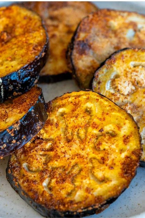 Air Fryer Eggplant (The BEST way to eat eggplant!) - Earth Blokes Eggplant On Blackstone, Healthy Egg Plant Meals, Ways To Make Eggplant, Sliced Eggplant Recipes, Eggplant In Airfryer, How To Cook Egg Plant Recipes, Ways To Use Eggplant, Fried Eggplant Recipes Air Fryer, Air Fried Eggplant Recipes