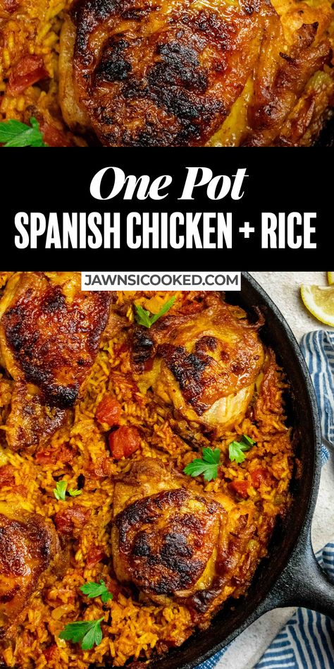 This easy One Pot Spanish Chicken and Rice uses the cold pan method for ultra crispy skin, with flavorful marinated chicken thighs, and tasty, tender rice, all done in one skillet. Chicken Thigh Recipes Spanish, One Pan Spanish Chicken And Rice, Chicken And Rice Cast Iron Skillet, Spanish Baked Chicken Recipes, Cast Iron Chicken And Rice, Chicken And Rice Skillet Easy, One Pan Dinners Chicken Thighs, Dutch Oven Chicken And Rice Recipes, One Pan Chicken And Rice Recipes