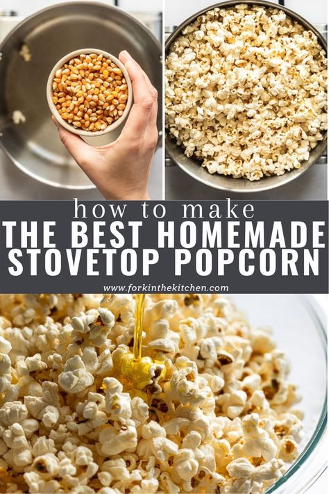 In less than 5 minutes, have hot, fresh, crunchy, butter homemade popcorn that's made right on your stovetop! All you need is some cooking oil - coconut oil gives you the best movie-theater-like popcorn - white or yellow popcorn kernels, and your favorite toppings. Turn this classic popcorn recipe into a variety of sweet or savory versions. Popcorn Coconut Oil, Fresh Popped Popcorn, Buttered Popcorn Homemade, Best Butter Popcorn Recipe, Stovetop Butter Popcorn, Popcorn Kernels On Stove, Stove Popcorn How To Make, Cooking Popcorn On The Stove, Popping Corn On The Stove