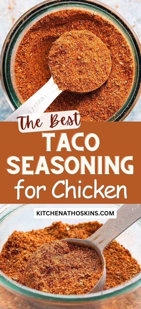 Learn how to make the best chicken taco seasoning recipe for 1 pound chicken. It's easy, homemade, gluten-free and can be made without cumin. This homemade taco seasoning is ideal to make authentic Mexican food and can be used in chicken thigh recipes, tacos, fajitas or ground chicken. Get the homemade chicken taco seasoning recipe at kitchenathoskins.com. Taco Seasoning For Chicken, Chicken Tacos Seasoning, Mexican Chicken Seasoning, Chicken Taco Seasoning Recipe, Mexican Chicken Dishes, Easy Taco Seasoning Recipe, Mexican Chicken Tacos, Seasoning For Chicken, Taco Seasoning Mix Recipe