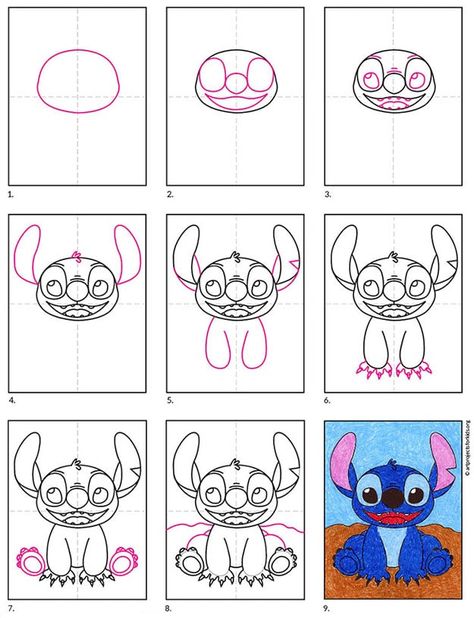 Step By Step Stitch Drawing, Halloween Stitch Drawing, How To Draw Characters Step By Step, How To Draw Stitch, How To Draw Disney Characters, Disney Characters Drawings, Doodle Disney, Draw Stitch, Stitch Step By Step