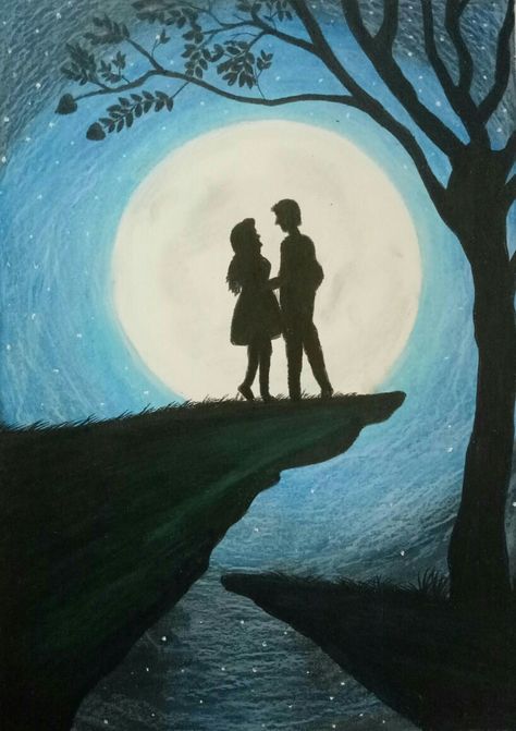 Night view with full moon Unframed - $5 Night View Drawing, Siluet Art, Chrysanthemum Tattoo, Couples Poster, Moonlight Painting, Couple Sketch, Romantic Paintings, Color Drawing Art, Color Drawing