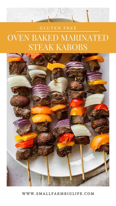 This easy recipe for oven baked marinated steak kabobs makes a quick dinner that can be prepped ahead. I like to use beef steak and lots of veggies on each skewer. I marinade the steak at least two hours and then alternate steak and vegetables on each kebab. #glutenfree #recipe Beef Kabobs In Oven, Oven Kabobs, Steak Kebab Recipes, Marinated Steak Kabobs, Steak And Vegetables, Oven Baked Steak, Veggie Kebabs, Grilled Kabob Recipes, Steak Kebabs