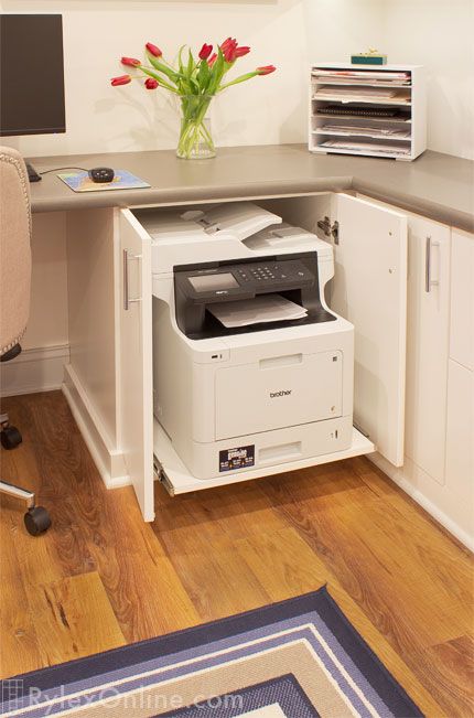 Printer Drawer Ideas Home Office, Large Printer Storage Ideas, Desk Printer Storage, Printer Pullout Cabinet, Pull Out Drawer For Printer, Built In Desk With Printer Drawer, Office With 2 Desks, Printer Storage, Printer Cabinet