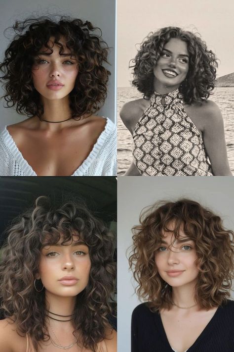 Mid Bob Curly Hair, Inverted Bob Curly Hair Short, Shoulder Length Curly Hair With Fringe, Curly Hair With Face Framing Pieces, Curly Hair For Square Face Shape, Layered Chunky Curls With Bangs, Curly Hairstyle With Bow, Mid Length Curly Haircut With Layers, Curly Haircut Mid Length