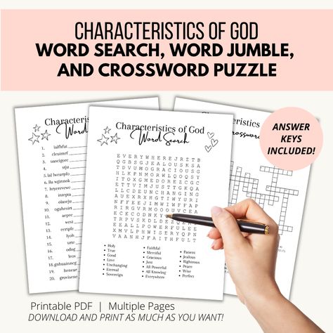 Study or teach the Characteristics of God using these fun word games! Perfect for kids, teens, and adults alike. Perfect for homeschool, Sunday School, or personal Bible study. #characteristicsofgod #christiangame #wordsearch #christianwordsearch #homeschoolgame #sundayschoolgame #biblestudy #churchgame #wordgame #crosswordpuzzle #wordjumble Christian Word Search Printables, Christian Crossword Puzzles For Adults, Cross Word Puzzles For Kids, Cross Words Puzzle For Kids, Crossword Puzzles For 3rd Grade, Homeschool Games, Church Games, Sunday School Games, Personal Bible Study