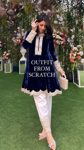 Scratch Outfit Ideas, Outfit From Scratch Ideas, Velvet Suit Ideas, Outfit Ideas Traditional, Outfit From Scratch Indian, Suit From Scratch, Silk Suit Designs Indian, Lace Design On Suits, Velvet Outfit Ideas