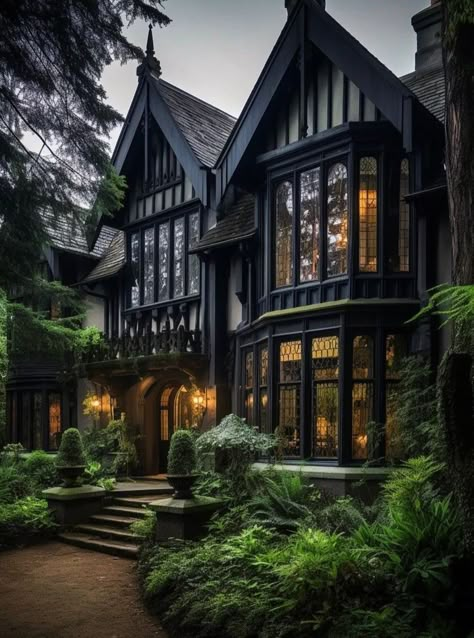 Beautiful Homes In The Woods, Gothic Style Mansion, Gothic Exterior Home, Victorian Vintage Decor, Gothic Modern House Interior, Gothic Mansion Exterior, Gothic Home Exterior, Victorian Gothic House Exterior, Gothic House Interior