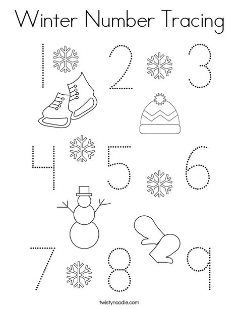 Winter Number Tracing Coloring Page - Twisty Noodle Winter Number Activities Preschool, Winter Tracing Preschool, Preschool January, January Preschool, Preschool Winter, Maria Garcia, Winter Activities Preschool, Twisty Noodle, Coloring Pages Winter